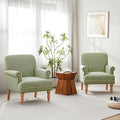 HUIMO Linen Fabric Accent Chair, Mid-Century Modern Armchair with Solid Wood Legs, Single Sofa Chair,Upholstered Reading Club Chair (2, Green and White Stripe)