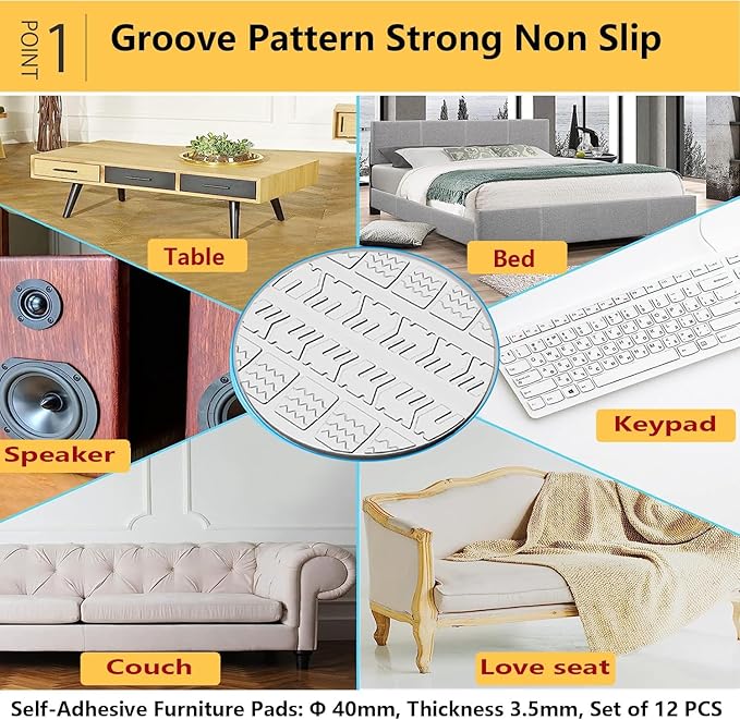 Non Slip Furniture Pads, 12 PCS Clear No Skid Furniture Grippers, Self Adhesive Anti Slip Furniture Pads, Anti Slide Hardwood Floors Protectors for Keep Couch Stoppers (1.57Inch Round)