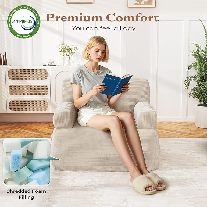 Giant Bean Bag Chair for Adults, Plush Big Bean Bag Lounger Chair with Shredded Foam Filling, Oversized Comfy Floor Sofa Couch with Side Pocket for Bedroom Living Room,Beige