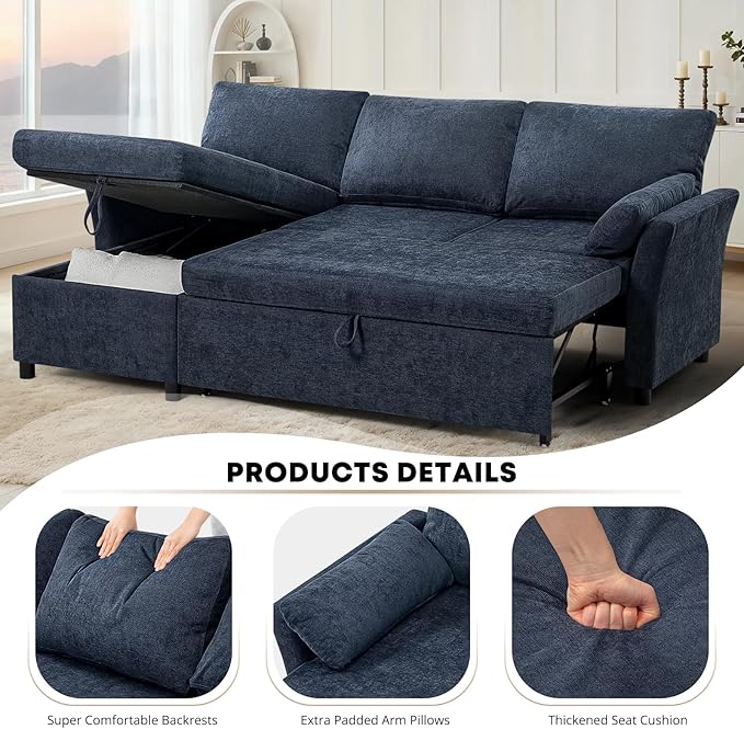 ACMEASE 83 Inches Fabric Sectional Sofa with Pull Out Sofa Bed, Modern L Shaped Sofa with Throw Pillows, Comfortable Sleeper Couch with Storage Chaise for Living Room, Blue