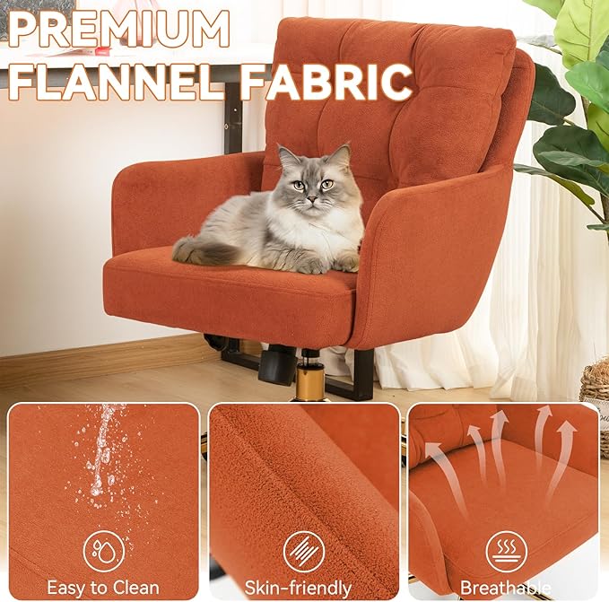 BALIAA Flannel Office Chair, Comfy Home Office Desk Chairs with Lumbar Support, Modern Velvet Desk Chair Gold Legs Small Swivel Task Chair for Home Office, Bedroom, Study (Orange, L)