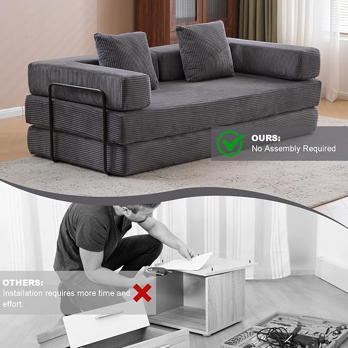 77" Convertible Foldable Floor Couch, 3-Seat Futon Sleeper Sofa for Living Room, Bedroom, or Apartment, with Pillow Backrest and Armrests, Corduroy Fabric, No Assembly Required, Dark Grey