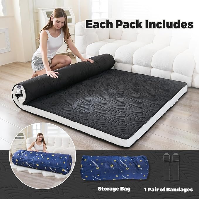 Zelladorra Japanese Floor Mattress, Quilted Futon Mattress with Anti-Slip Bottom, Foldable Floor Bed with Storage Bag and Straps, (Black, Queen)