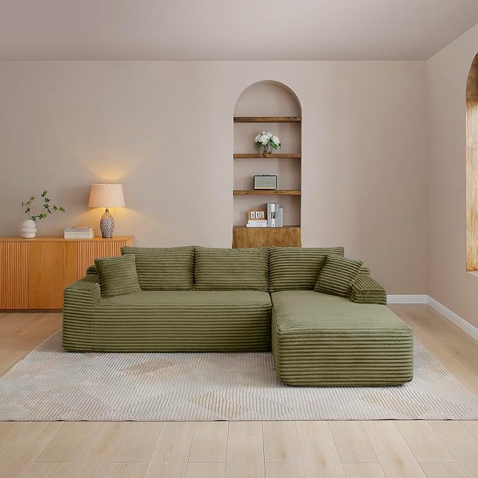 HYJT-H&K Modular Sectional Sofa Cloud Sectional Couch, 95" Comfy Fluffy L Shaped Green Couches for Living Room, Deep Seat Memory Foam Plush Corduroy Boneless Couch Sectionals Right Facing Chaise Sofa