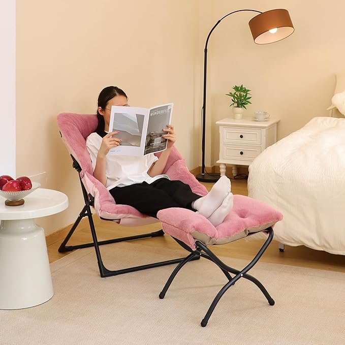 Comfy Saucer Chair for Adults, Soft Faux Fur Bedroom Chair, Accent Dorm Chairs, Flexible Living Room Reading Chairs, Oversized Folding Lounge Seat for Teens, X-Large, Dusky Pink