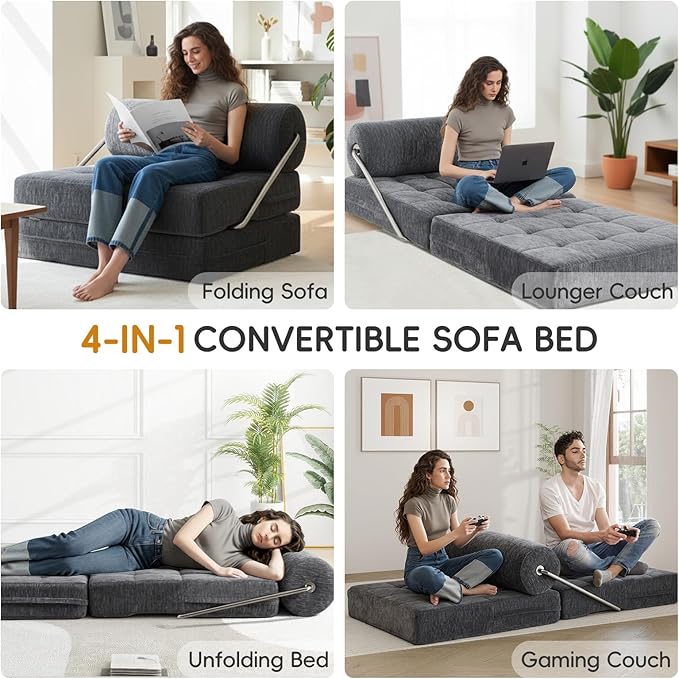 4-in-1 Folding Sofa Bed, Easy Assembly Chenille Boneless Couch, Convertible Sleeper Chair with Back Support, Small Floor Futon Sofa for Living Room & Bedroom, Single (Grey)