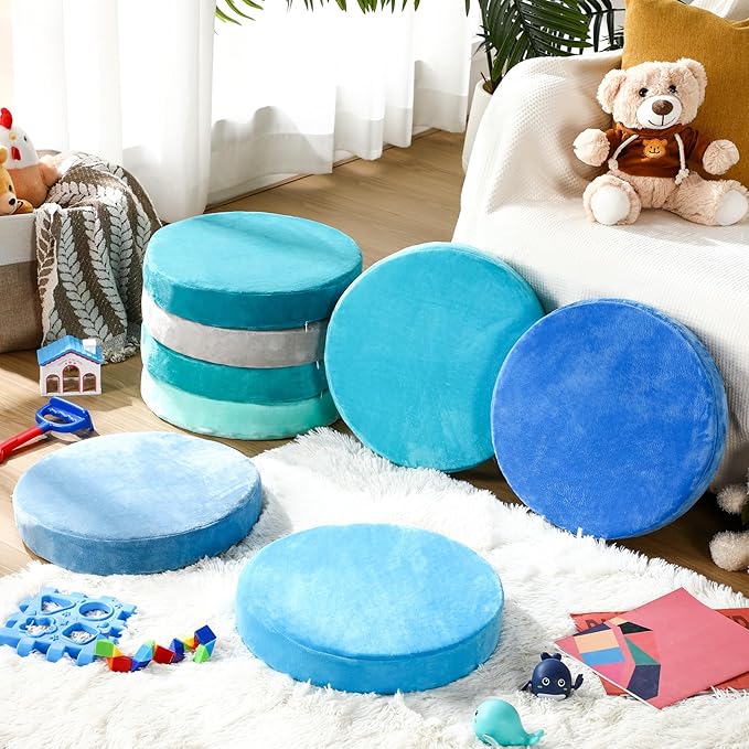 GlikCeil 8 Pcs Round Floor Pillow Cushions for Kids Classroom 15'' Soft Flexible Seating Chair Floor Seats for Reading Corner Playroom - Winter & Spring School Supplies (Ocean Breeze Series)