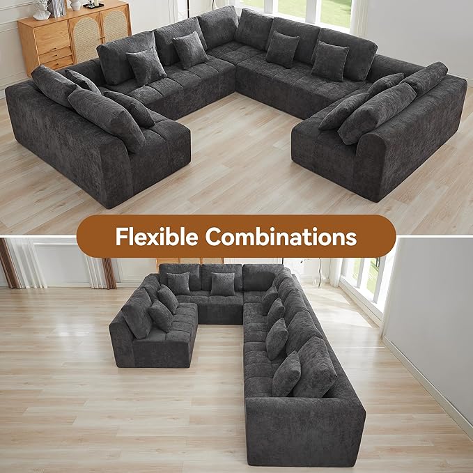 140'' Boneless Modular Couches for Living Room, Compressed Cloud Sectional Modern Sofa, U Shaped 9 Seater Upholstered Memory Foam Oversized Sofa, No Assembly, Chenille Beige