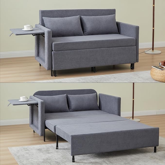 QHITTY Pull Out Couch Bed, 2-in-1 Sleeper Sofa Small Loveseat Bed with Hidden Side Table and Iron Frame for Living Room, Small Space, Apartment (Grey)