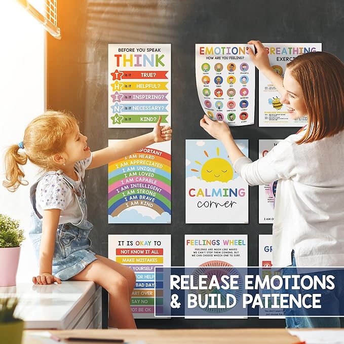 BEAWART 12 Calming Corner Classroom Posters (10x14) - Feelings Wheel Chart & Emotions Poster For Kids, Calm Down Corner Supplies For Therapy Office Decor, Mental Health Wall Decorations For Preschool