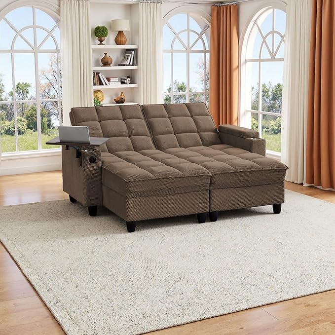 oaaktu 70.9'' Double Chaise Lounge with 360 Degree rotatable Side Table, Comfy Corduroy Indoor Lounge Chair with Armrest Storage, Cup Holder, USB Port, and Pillow for Living Room or Bedroom (Coffee)