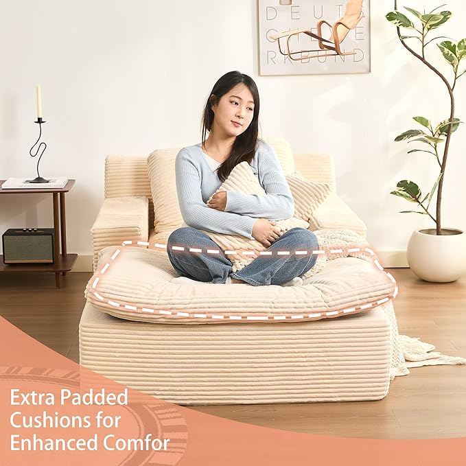 63" Oversized Boneless Chaise Lounge Chair, Extra Cloud Layer, Convertible Sleeper Sofa Couch with Removable Pillows & Side Pockets, Corduroy Upholstered Sofa Bed with Armrests for Living Room, Beige