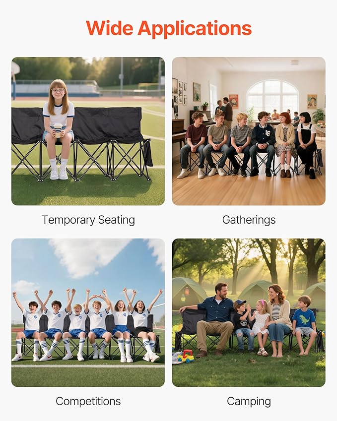 VEVOR Portable Folding Bench, 6 Seat Soccer Bench with Multiple Storage Pockets & Carrying Bag, Lightweight Sideline Seating with Back Rest for Football, Baseball, Camping, Outdoor Events, Black