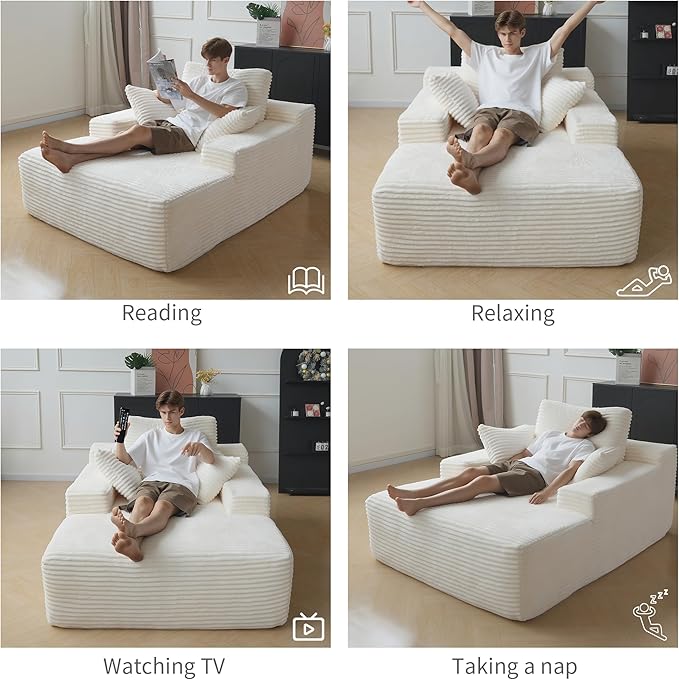 WJShome Oversized Chaise Lounge Chair Indoor, Plush Corduroy Boneless Sofa Bed, Cloud Reading Chair with Throw Pillow for Living Room (White)