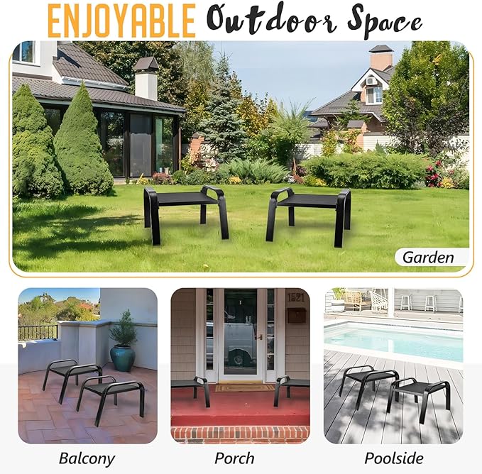 Deugold Outddor Patio Ottoman 2 Set All Weather Outdoor Foot Rest Patio Furniture Coffee Table for Garden Backyard Porch Black