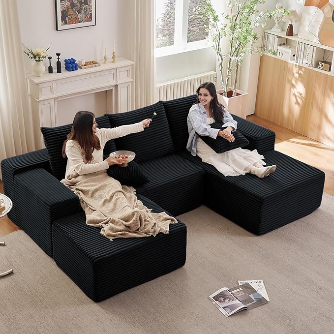 107" W Cloud Sectional Couch with Ottoman,Modern U-Shaped Cloud Couch with Deep Seat,Comfy Corduroy 3-Seater Sofa,Memory Foam Sofa for Living Room,No Assembly (Jet Black,Right-Facing Chaise)