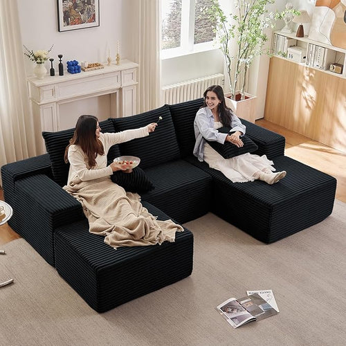 107" W Cloud Sectional Couch with Ottoman,Modern U-Shaped Cloud Couch with Deep Seat,Comfy Corduroy 3-Seater Sofa,Memory Foam Sofa for Living Room,No Assembly (Jet Black,Right-Facing Chaise)