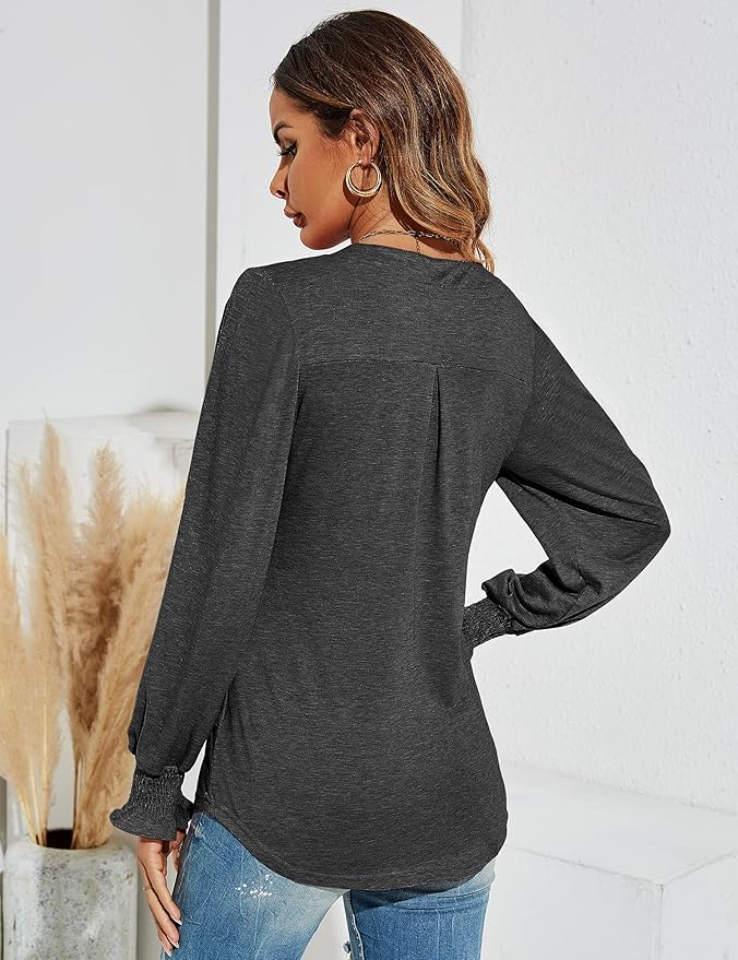 Romanstii Women's Casual V-Neck T-Shirts Loose Puff Long Sleeve Tops Tunic Blouses