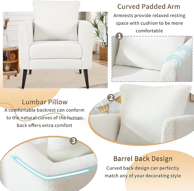 QKFF Barrel Accent Chair Set of 2 with Back Pillow, Large Teddy Upholstered Armchair with Solid Wood Legs Modern Reading Chairs for Living Room Bedroom