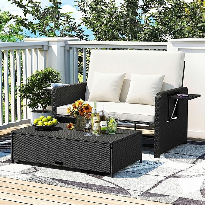 RELAX4LIFE Wicker Patio Outdoor Daybed - Rattan Day Bed Lounger w/Loveseat & Storage Ottoman, Sunbed Sofa Set w/Cushions, 4-Level Adjustable Backrest & 2 Retractable Trays, Patio Daybed (White-Black)