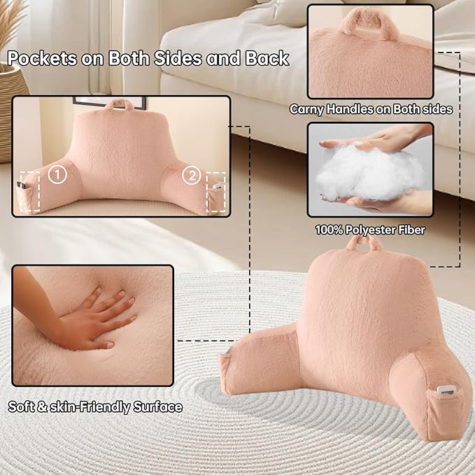 PAJEO Reading Pillow for Sitting in Bed, Large Backrest Reading Pillow with Arm Rest,Back-Rest Support Cushion for Sit Up on Couch, Sofa, and Floor(Shell Pink Faux Fur, Standard(17"))