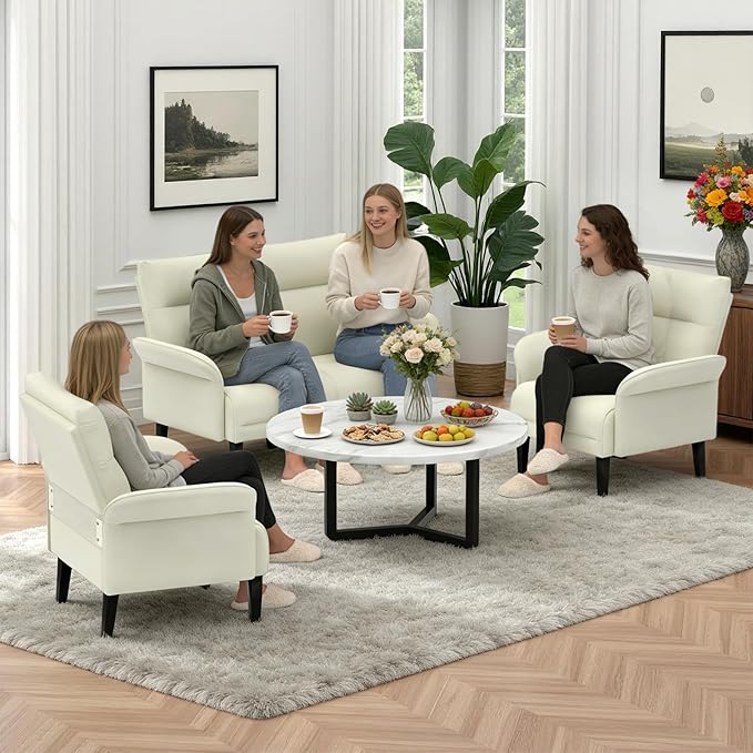 3-Piece Symmetrical Shawl Arm Sofa Set, Faux Leather Loveseat & 2 Accent Chairs with Wide Armrests, Wooden Legs, Upholstered Living Room Set for Cozy Spaces(Beige)