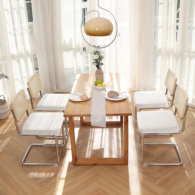 Zesthouse Rattan Dining Chairs Set of 6, Mid Century Modern Dining Room Chairs with Natural Cane Mesh & Chrome Base, White Cesca Chair Velvet Fabric, Farmhouse Kitchen Chair with Solid Wood Frame Back