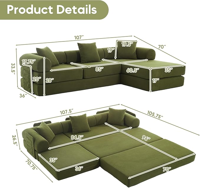 L Shaped Convertible Modular Sofa Bed with Cylindrical Pillow & Reversible Chaise, Corduroy Folding Floor Sofa Couch Bed with Fixed-Shape Frame & Storage Pocket for Living Room, Green