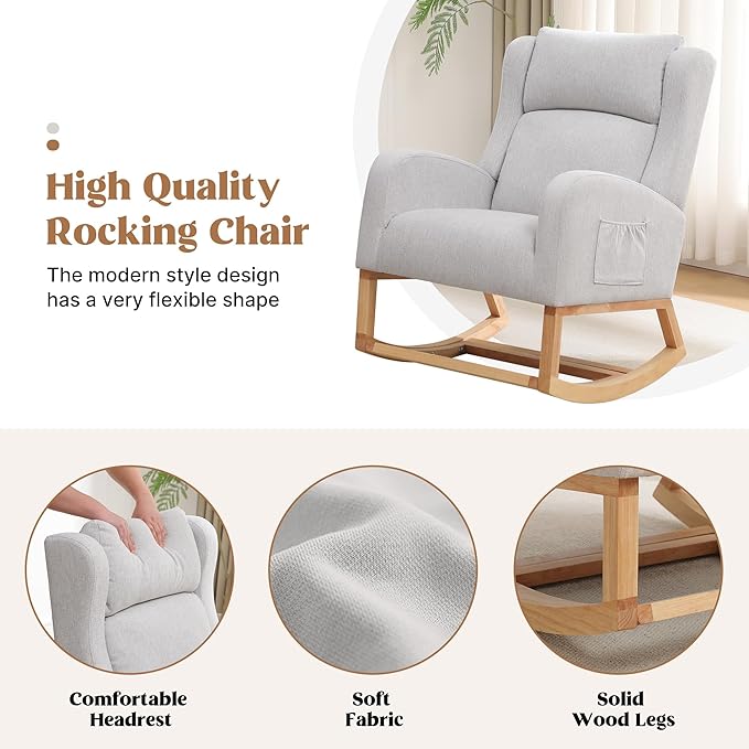 HCHAIRH Rocking Chair Nursery, Nursing Rocking Chairs for Mom Nursery, Comfy Wingback Glider Rocking Armchair with Foot Rest and Side Pocket for Nursery Living Room Bedroom, Light Grey