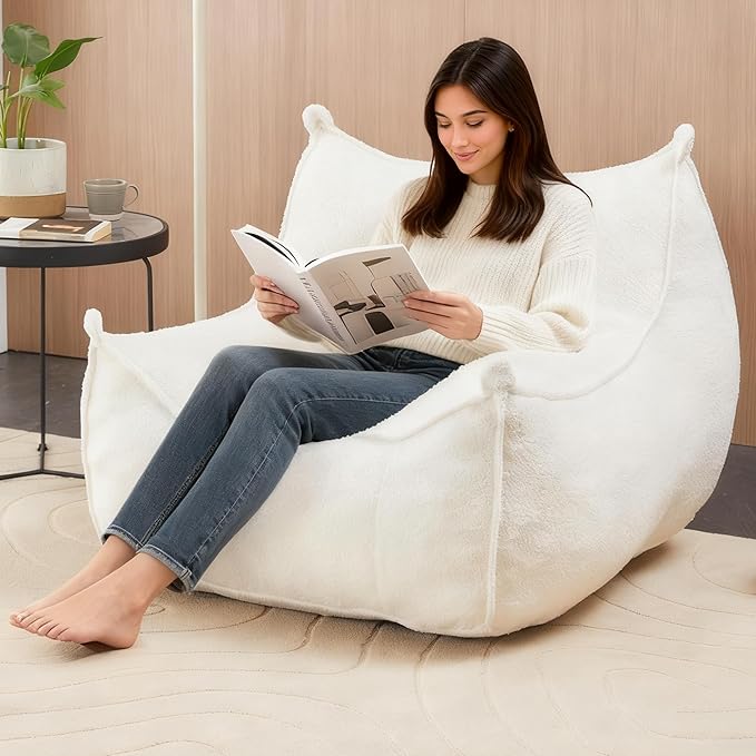 Giant Bean Bag Chair for Adults and Kids, Comfy Beige Beanbag with Filling Plush Fluffy and Back Support, Lounge Lazy Floor Sofa Accent Chair, Cozy Single Cloud Couch for Living Room, Bedroom & Dorm