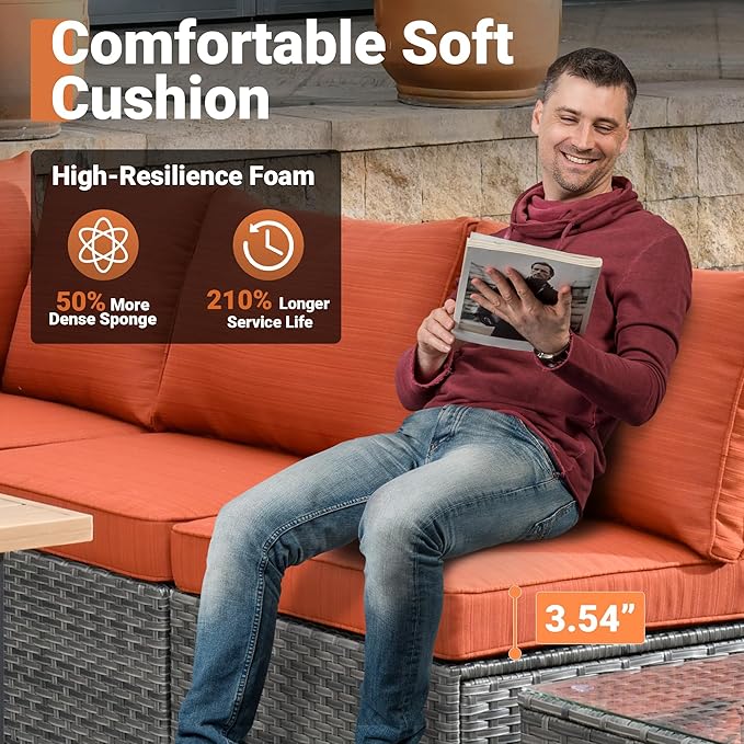 ovios Outdoor 5 Piece Coversation Set with Coffee Table,Sectional Patio Furniture Set with All-Weather Wicker Sofa,Modern Outside Couch for Balcony Backyard Pool, Orange