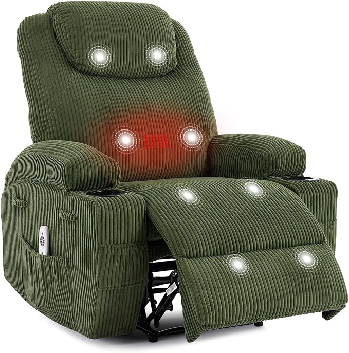 Massage Recliner Chair with Heat - Ultra-Comfortable Reclining (135° Adjustable), Dual Cup Holders & Side Storage Pockets, Easy Tool Assembly, Dark Green