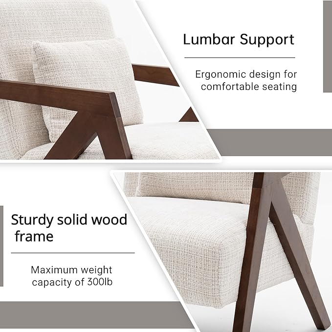 Mid-Century Modern Accent Chair with Solid Wood Frame，Upholstered Chenille Living Room Arm Chairs with Pillow for Bedroom, Living Room, Reading Room, Balcony, Beige
