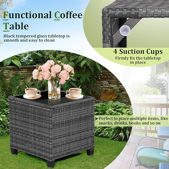RELAX4LIFE 3 Piece Patio Furniture Set, Wicker Bistro Conversation Set w/2 Cushioned Armchairs & Glass Topped Table, Outdoor Rattan Sofa Set Patio Furniture for Porch Balcony Poolside (Grey-Turquoise)