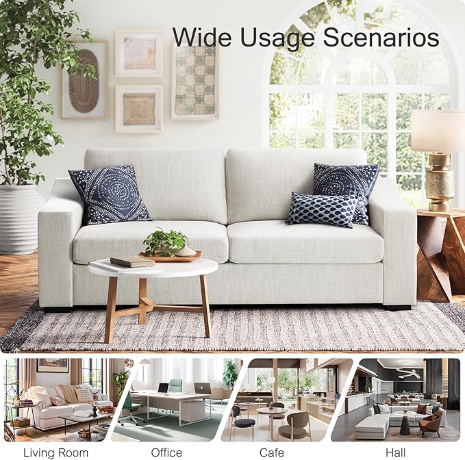 ELUCHANG 85" Modern Sofa Couches for Living Room, 3 Seater Natural Linen Sofa with Extra Deep Seats, Upholstered Cushion&Detachable Cover, Comfy Couch for Small Space, Apartment, White, 2PC