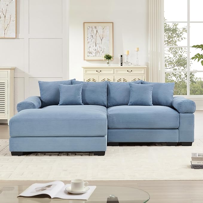 KEIKI 83" L-Shaped Oversized Corduroy Modular Sectional Loveseat Sofa with 1 Ottoman, High-Density Foam Cushion, Extra-Thick Armrest, 2-Seater Fluffy Corner Couch with 6 Pillow, for Living Room, Blue