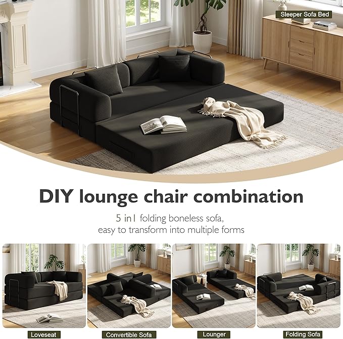 79 Inch 5-in-1 Convertible Sofa Bed, Corduroy Boneless Floor Couch with Fixed Frame & Pillow, Modular Folding Mattress Lounger for Small Space, Living Room, Bedroom - Easy Assembly(Black)
