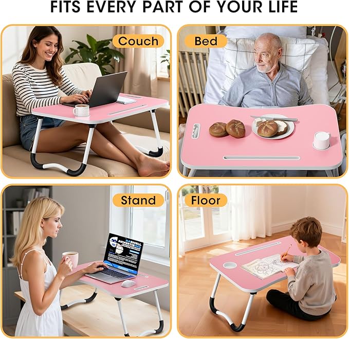 Folding Lap Desk, 23.6 Inch Wood Laptop Bed Desk with Cup Holder, Portable Bed Table for Working Writing Reading & Eating for Bed, Sofa, Couch, Floor - Pink