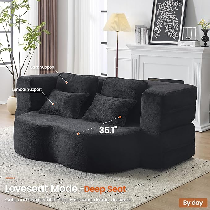 Convertible Folding Sofa Bed, 78” Full Size Floor Sleeper Couch, Chenille Full Foam Futon Loveseat for Living Room Bedroom, No Assembly Required (Black)