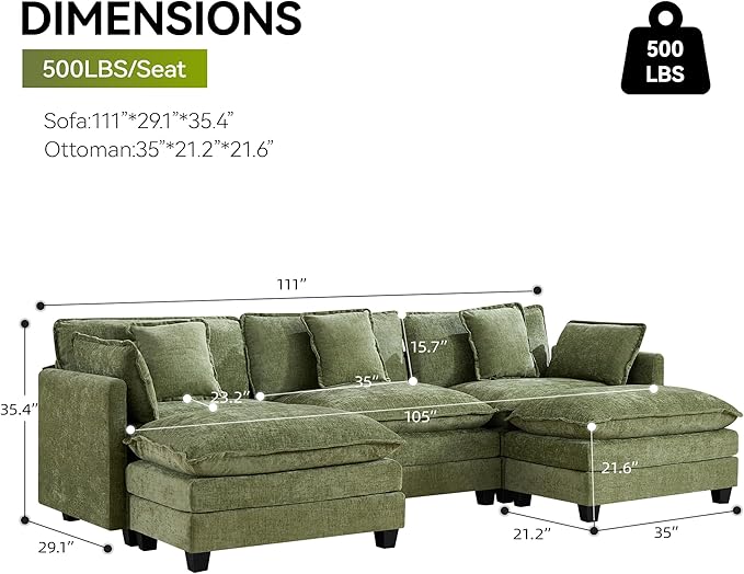 UMBFUN 3-Seater Cloud Couch with 2 Ottomans, Oversized Modular Sectional U Shaped Sofa with Deep Seat Cushions, Comfy Chenille Couch for Living Room, Green