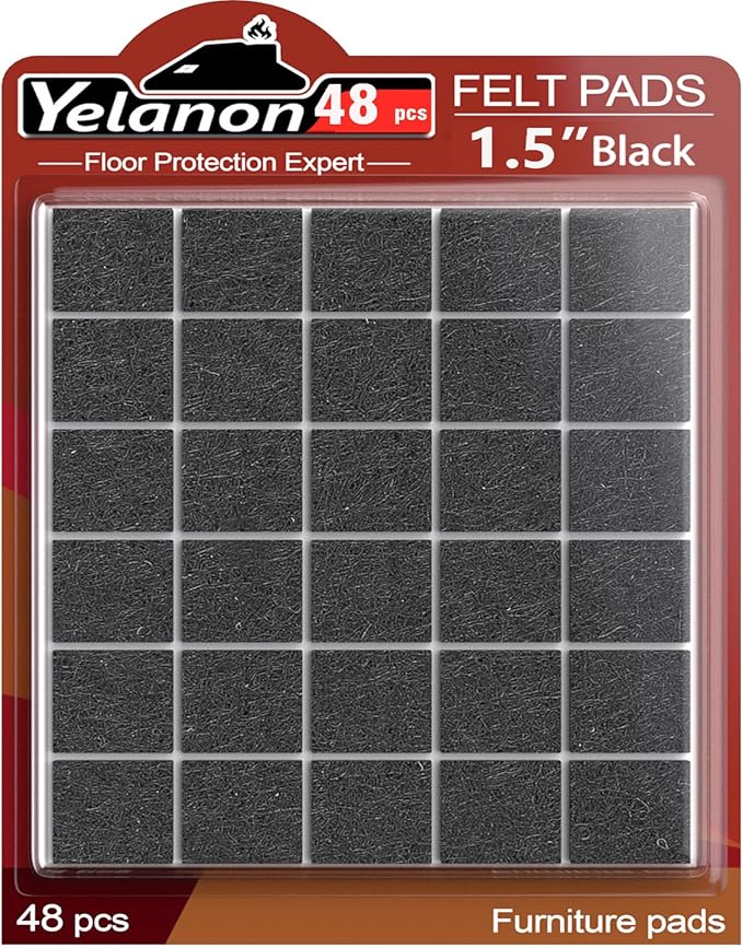 Yelanon Felt Furniture Pads -48 Pcs 1.5" Premium Felt Pads for Chair Legs Furniture, Floor Protectors for Hardwood Floors, Black