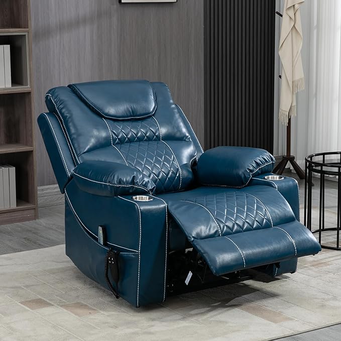 Oversized Power Lift Recliner Chair 400 LBS for Big and Tall, 25" Extra Wide Electirc Recliner Chair Living Room Sofa with Massage and Heating, Dual Motor Leather Home Theater Seat,Blue