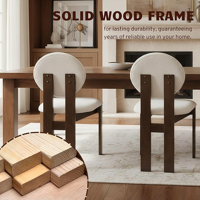 Modern Wood Dining Chairs Set of 2, Farmhouse White Boucle Kitchen Chairs with Round Back and Wooden Walnut Legs, Mid-Century Armless Upholstered Accent Chairs for Dining Room/Living Room/Restaurant