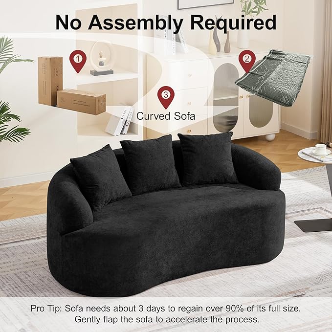 Abbrevi 65" Curved Loveseat Sofa, Deep Seat Love Seat Couches with 3 Throw Pillows, Modern 2 Seater Boneless Curved Couch, Compressed Floor Sofa for Living Room Small Spaces, No Assembly, Black