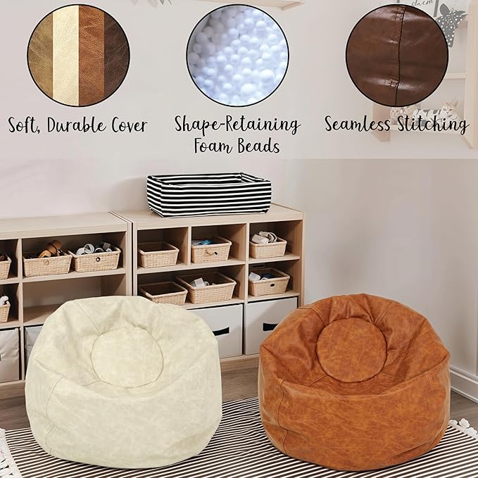 FDP Rustic Kid 22" Bean Bag Chair, Furniture for Kids, Perfect for Reading, Playing Video Games or Relaxing, Alternative Seating for Classrooms, Daycares, Libraries or Home - Hazelnut