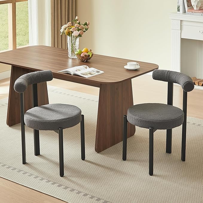 Kiztir Boucle Dining Chairs Set of 2, Modern Dining Room Chairs with Curved Backrest and Black Metal Legs, Upholstered Round Dining Accent Chairs for Kitchen, Living Room, Bedroom (Gray)