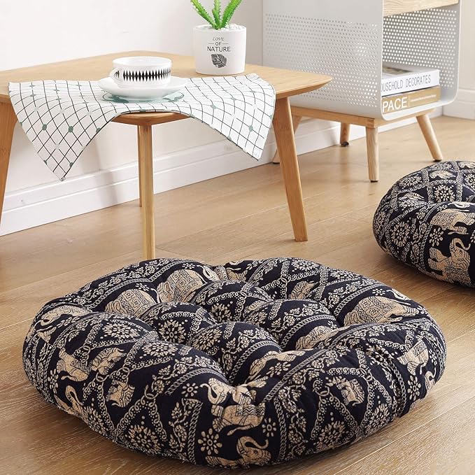 Boho Round Floor Seat Pillows Cushions 22" x 22", Soft Cotton Linen Bohemian Yoga Mandala Meditation Pouf Tatami Floor Pillow Cushion for Living Room Adults & Kids Casual Reading Nooks,Elephant B