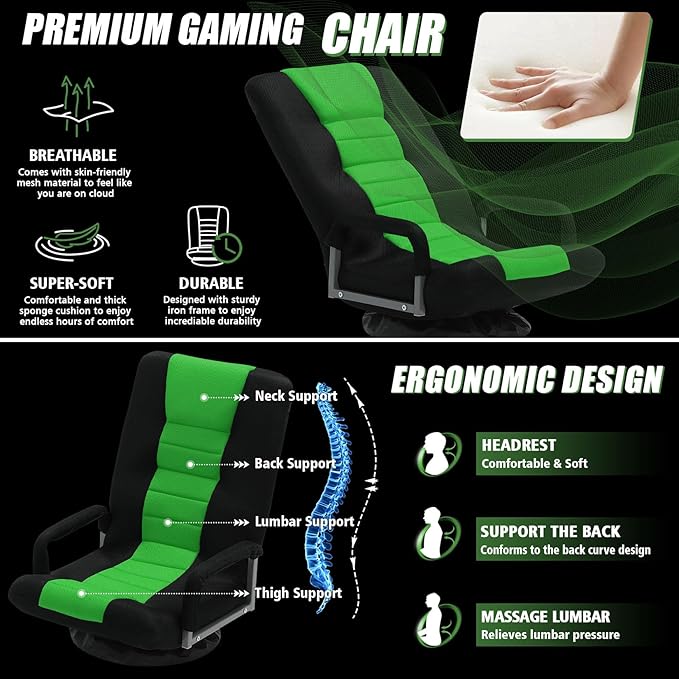 ACIPENSER Swivel Gaming Chair Multipurpose 2PACK Floor Gaming Chair for Playing Video Games, TV, Reading w/Armrest Lumbar Support & 6 Adjustable Postion Backrest for Adults & Kids,Green