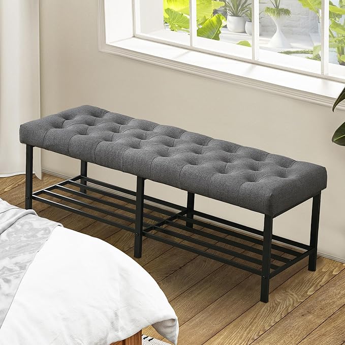 SOFTHION 55.5" End of Bed Bench, Modern Linen Button Tufted Bedroom Bench, Upholstered Storage Shoe Bench with Metal Base, Dinning Table Bench for Living Room, Bedroom, Entryway,Grey