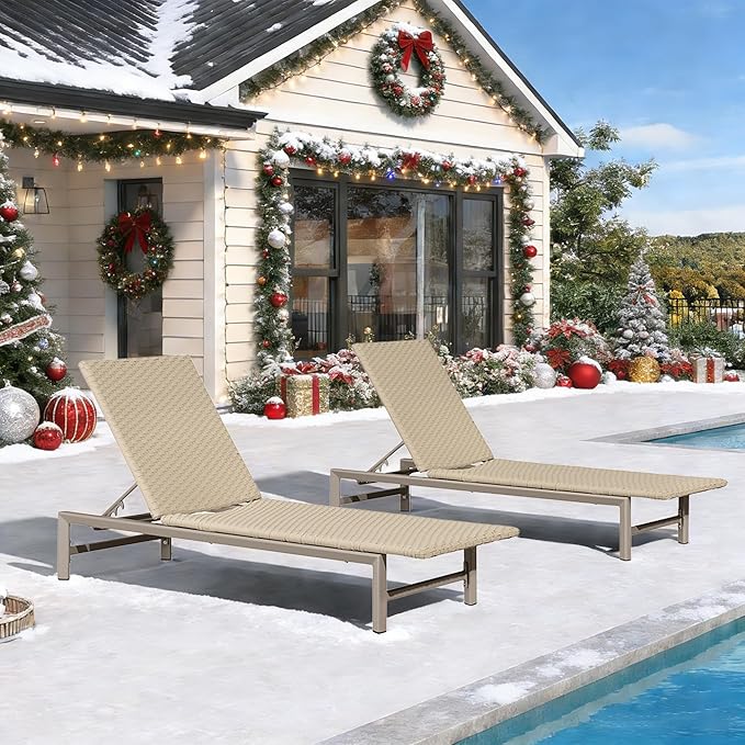 PURPLE LEAF Patio Chaise Lounge Chairs Outdoor Set of 2, Wicker Pool Lounge Chairs for Outside with Adjustable Backrest, Aluminum Sunbathing Lounger for Patio, Poolside, Garden, Khaki